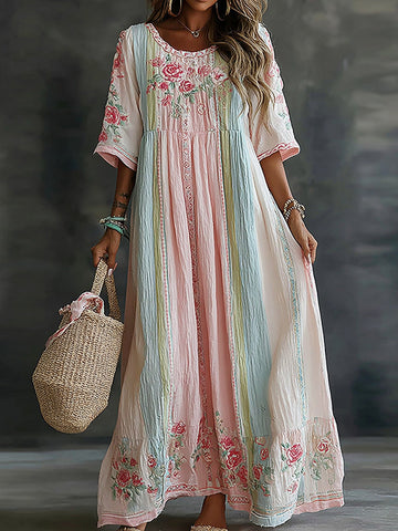 Women's Floral Art Embroidered Linen Blend Round Neck Short Sleeve Dress