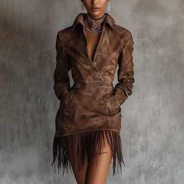 Women's Autumn And Winter Western Retro Imitation Leather Fabric Loose Casual Lapel Dress