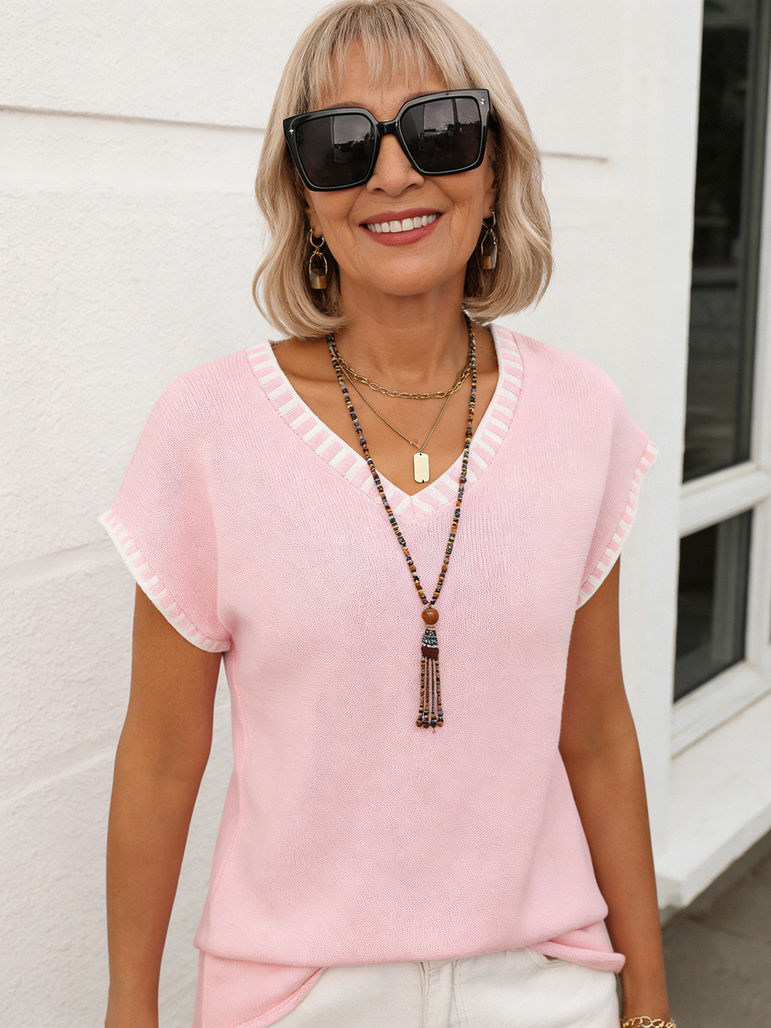 Women's Pullover V-neck Short-sleeved Striped Knitted Sweater