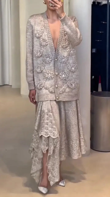 Sparkle Crochet Knit Cardigan And Midi Skirt Set
