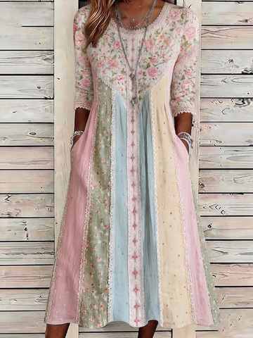 Women's Casual Retro Floral Contrast Color Patchwork Linen Dress