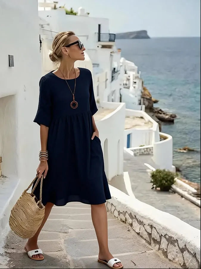 Women'S Solid Color Casual Loose Short-Sleeved Cotton And Linen Dress
