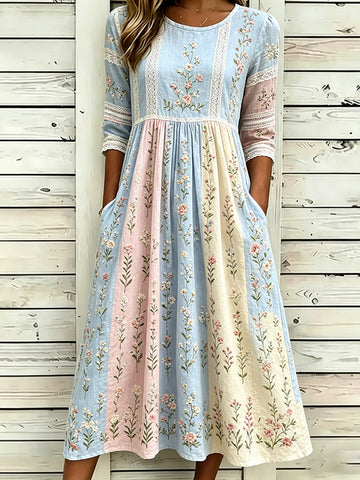 Women's Retro Rose Art Embroidery Color Block Splicing Comfortable Cotton Linen Round Neck Mid-sleeve Dress