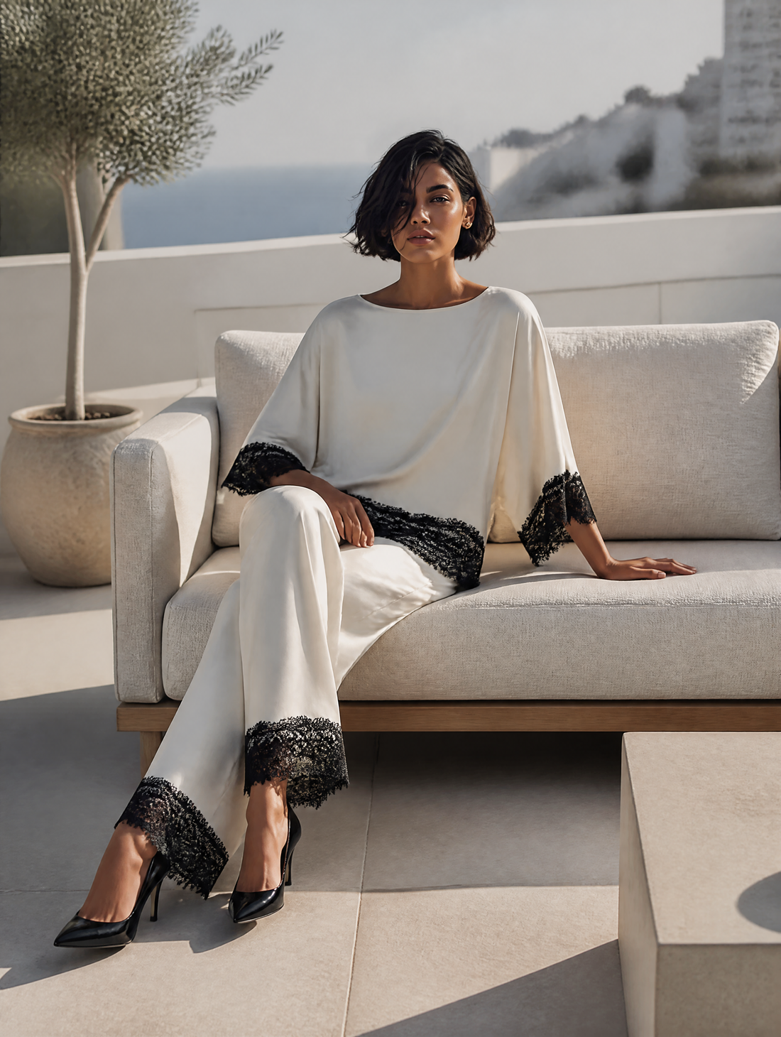 Women's Cotton-Blend Set With Contrasting Lace Paneling MDZ0294I9ZRK