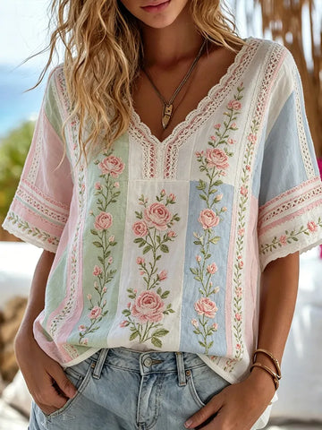Women's Rose And Lace Art Color Block Spliced Cotton Linen V-neck Short Sleeve Top