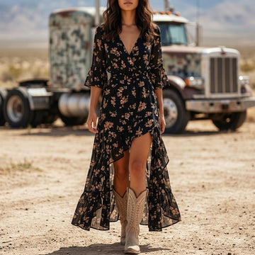 Western Cowgirl Vintage Floral Irregular Hem Dress