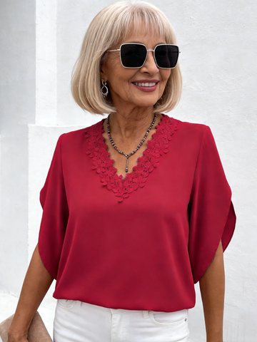 Solid Color Lace V-Neck Flared Sleeve Loose Shirt Women's Top