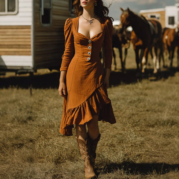 Women's Retro Western Style Low-Cut U-Neck Dress