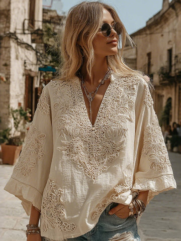 Women's Vintage Floral Art Print V Neck Tops