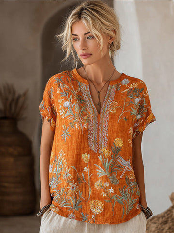 Women's Floral Print Orange Linen Short Sleeve T-shirt