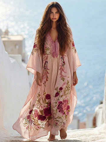 Women's Vintage Floral Embroidery Art V-neck Kaftan