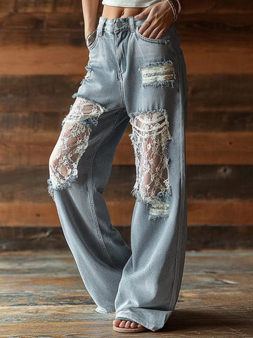 Vintage Bohemian Lace-paneled Distressed Washed Denim Jeans
