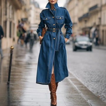Vintage Lapel Metal Button Multi-pocket Long Denim Coat