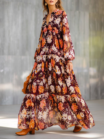 Holiday Bohemian Chiffon Print Ruffled Hem Maxi Dress
