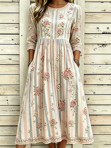 Women's Floral Rose Art Embroidered Linen Blend Striped Round Neck Dress
