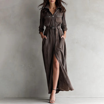 Utility Taupe Eco Suede Zipper Belted Maxi Dress
