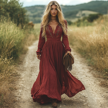 Western Vintage V-Neck Linen Women's Long Sleeve Maxi Dress Country Pastoral Vintage Dress