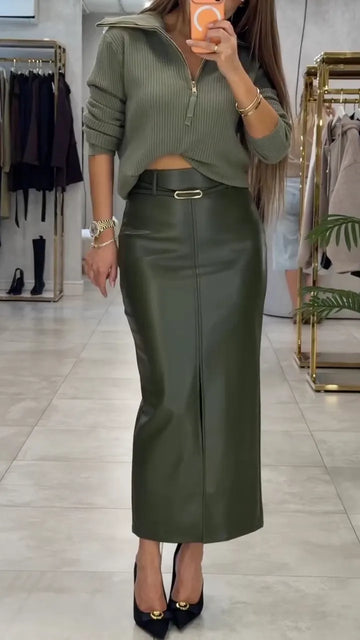 Half Zip Ribbed Knit Sweater And Green Leather Midi Skirt Outfit
