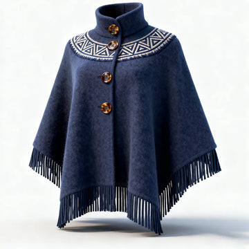 Women's Elegant Navy Blue Cape With Geometric Embroidery And Fringe Details