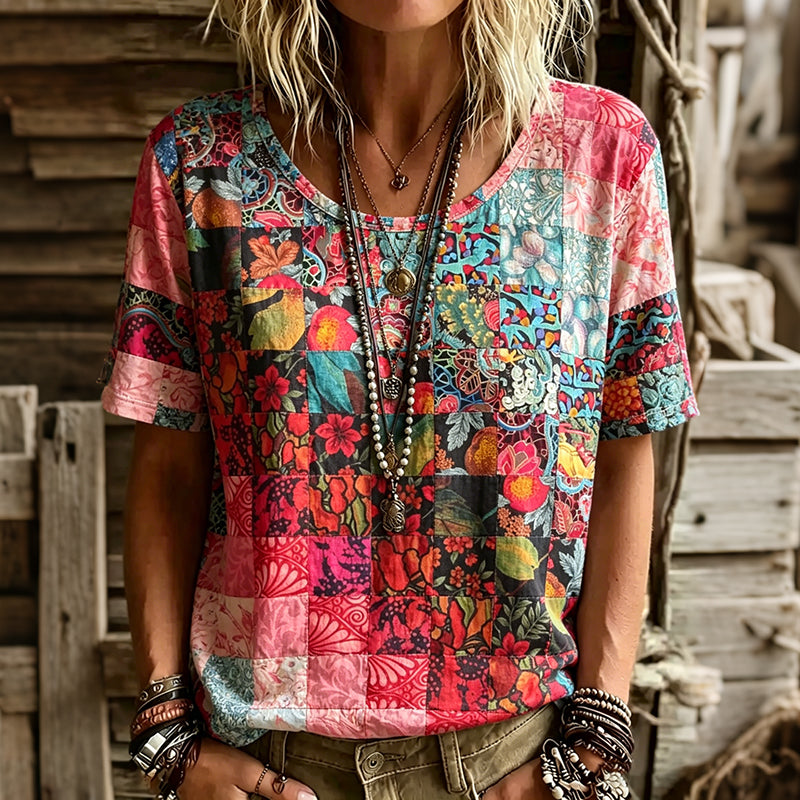 Women's Retro Floral Patchwork Art Print Casual Short-sleeve V-neck T-shirt