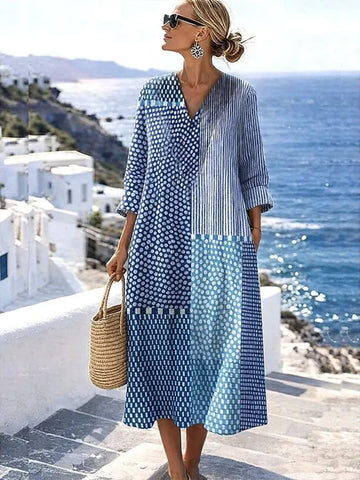 Women's Casual Cotton and Linen Geometric Pattern Printed Loose Short Sleeve Dress