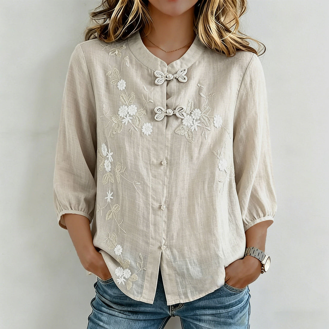 Women's Artistic Floral Embroidery Cotton Linen Casual Three-quarter Sleeve Top