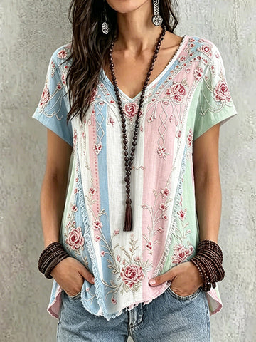 Women's Retro Pink Floral Patchwork Casual Linen Blend T-shirt