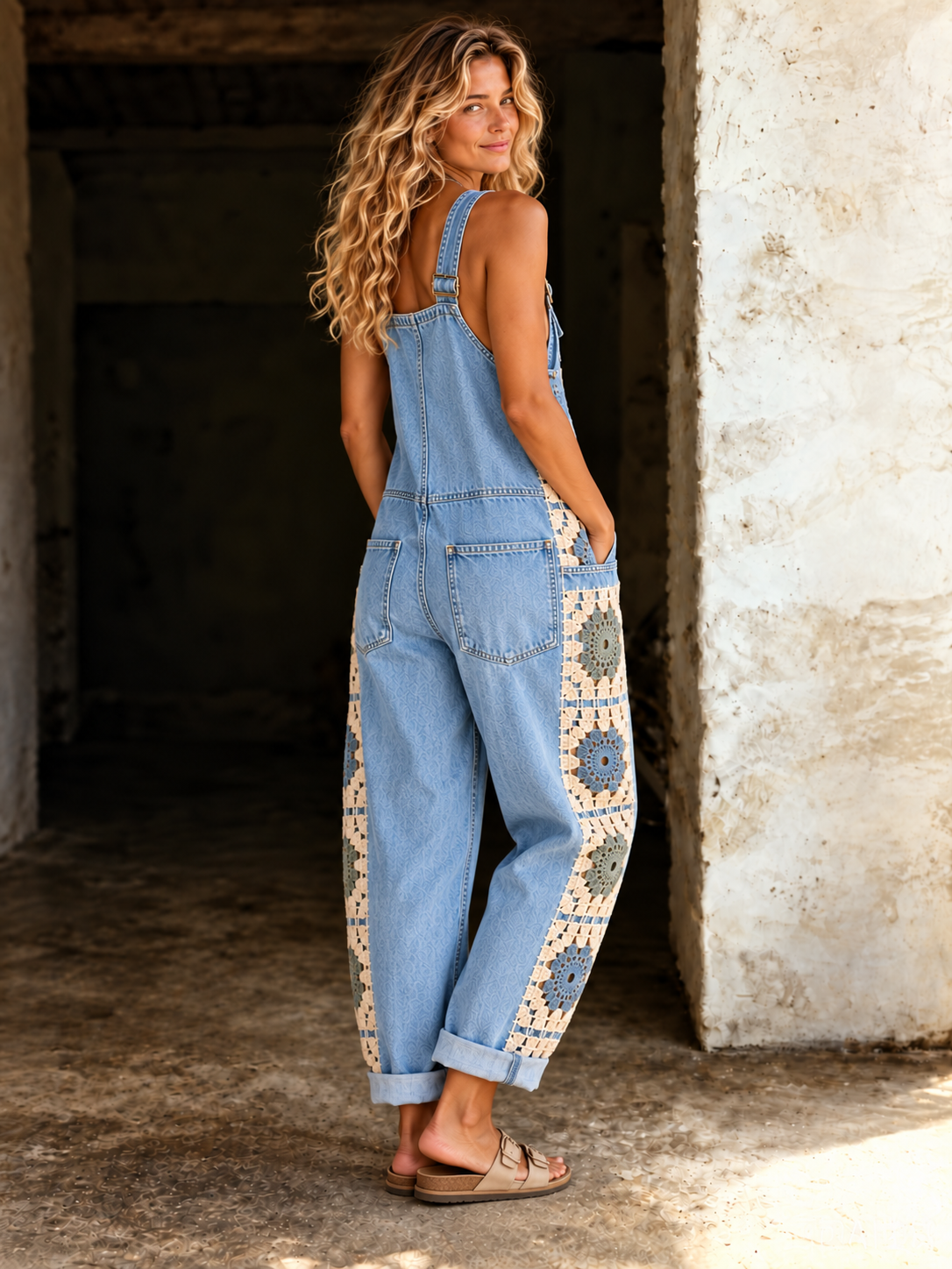 Crochet Granny Square Patchwork Denim Overalls