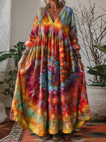Women's Retro Hippie Rainbow Tie-dye Art Patterns V-neck Maxi Dress