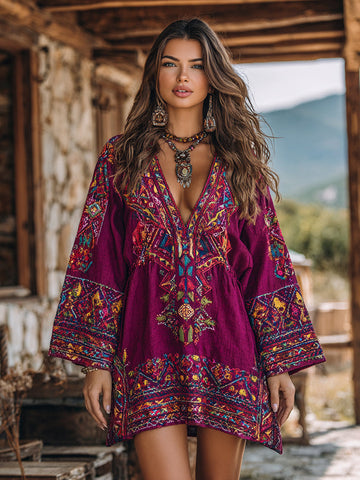Women's Vintage Vacation Boho Tribal Ethnic Print V-neck Linen Blend Long Sleeve Dress