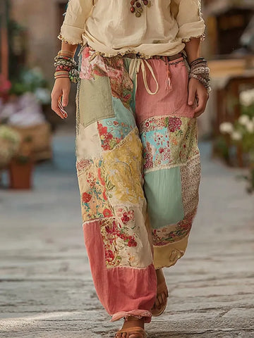Classic Retro Rose And Floral Patchwork Art Linen Pants