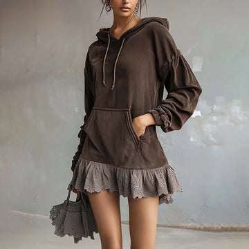 Women's Autumn And Winter Western Retro Suede Fabric Loose Casual Hooded Sweatshirt Dress