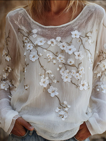 Women's Cherry Blossom Art Blended Cotton Linen Lace Spliced Casual Round Neck Long Sleeve Top