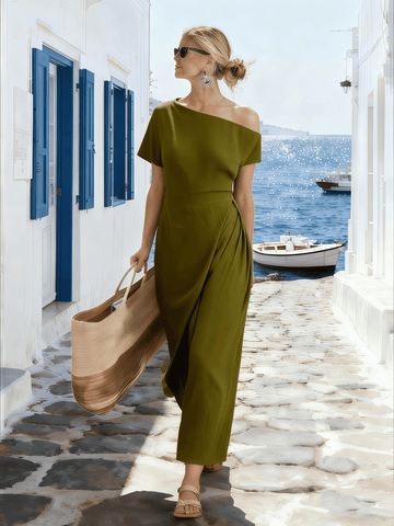 Women's Off-The-Shoulder Short-Sleeved Pleated Dress