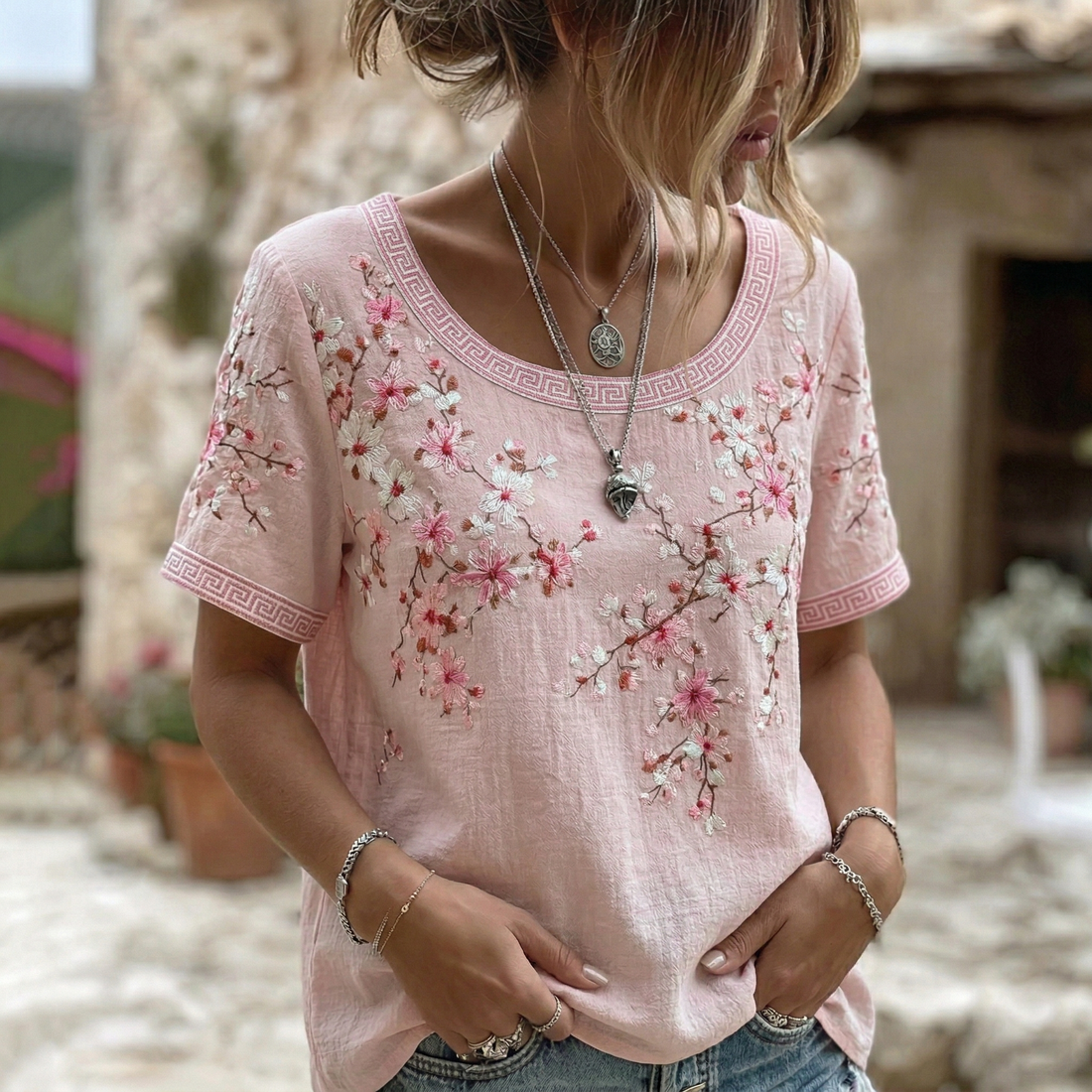 Women's Vintage  Japanese Cherry Blossom Art Round Neck Short Sleeve T-shirt