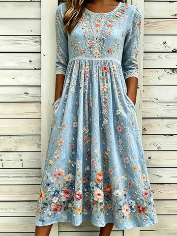 Retro Colorful Floral Art Embroidered Linen Blend Lace Midi Sleeve Dress