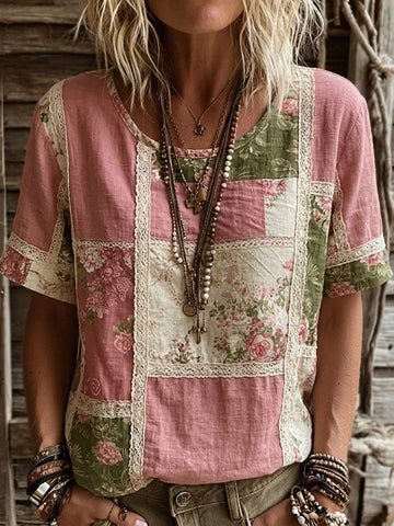 Women's Vintage Bohemian Patchwork Floral Linen Blend T-shirt