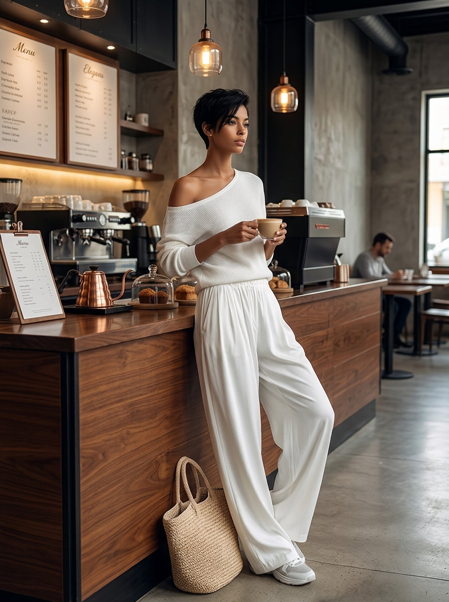 Women's Asymmetric One-Shoulder Knit Top & Wide-Leg Trousers Set MDZ1424H6ZRK