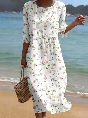 Women's Roses Art Pattern Linen Blend Loose Three-quarter Sleeve Dress