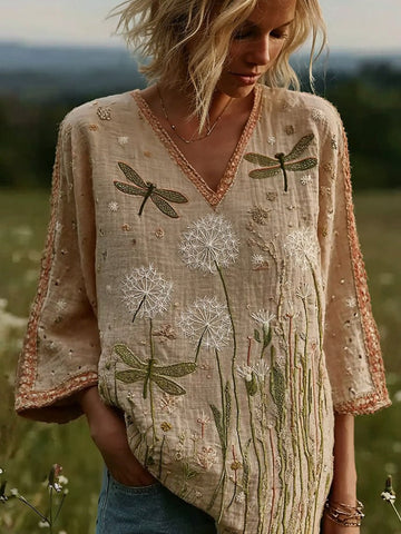 Women's Vintage Dragonfly And Dandelion Pattern Linen V-neck Shirt