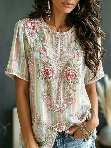 Women's Vintage Floral Vine Art Embroidery Patchwork Cotton Linen Top