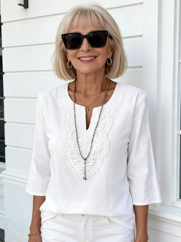 Women's Loose Solid Color V-Neck Lace Edge Shirt