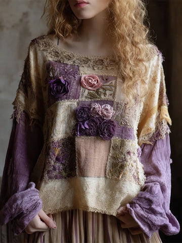 Boho Floral Embroidered Lace Patchwork Women's Linen Long Sleeve Shirt