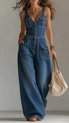 Women's Washed Denim Loose-Fit Sleeveless Jumpsuit with Straps 4379