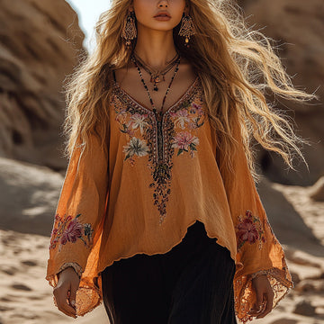 Desert Style Holiday Bohemian Vintage Linen Casual Top