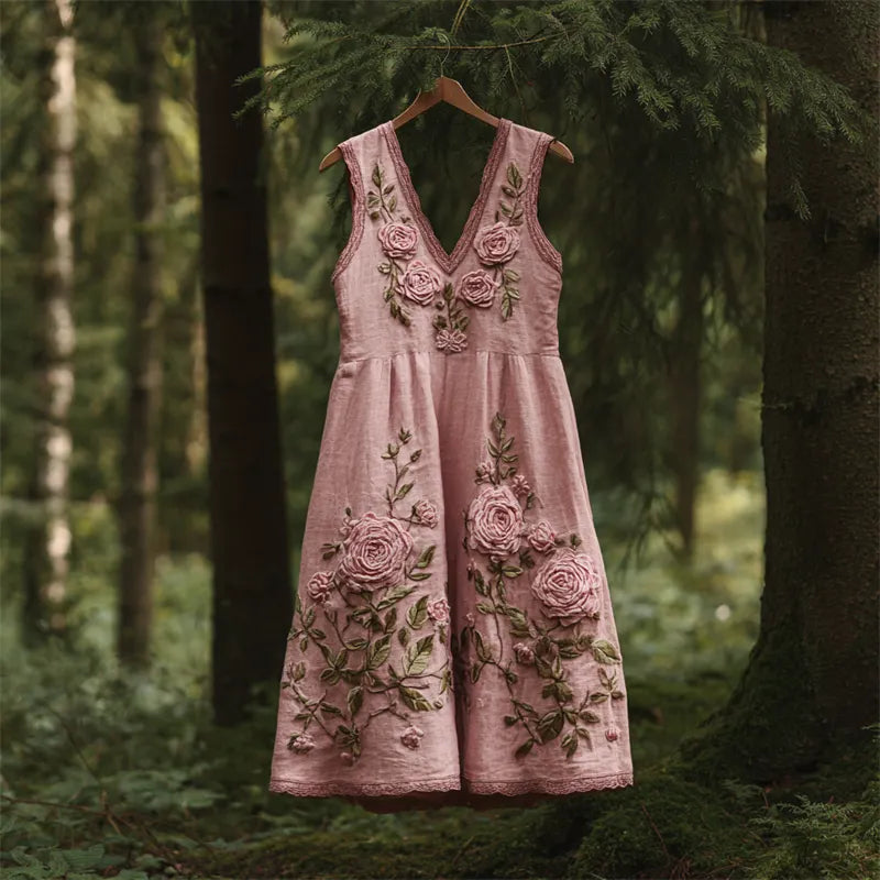 Vintage Pink Roses Embroidered Linen Tank Dress