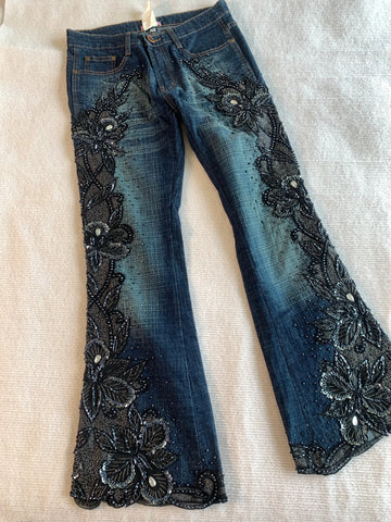 Beaded Floral Embroidery Flare Jeans