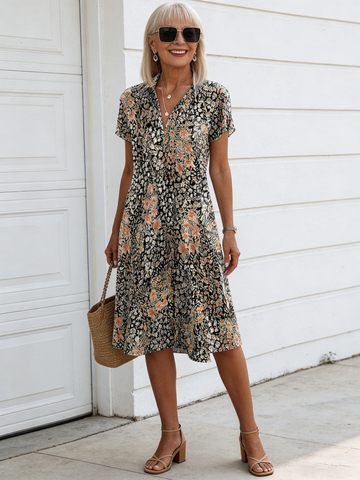 Short Sleeve Printed Casual V-Neck Dress