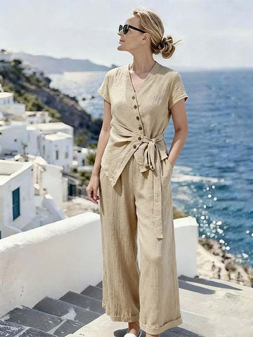 Women'S Casual Solid-Color Shirt And Button-Up Pants Set