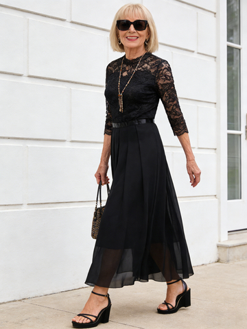 Evening Dress Splicing Dress Crew Neck Lace Dress Evening Dress